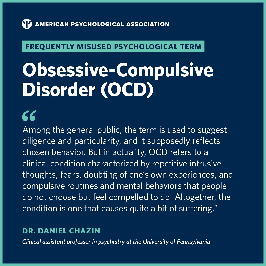 APA's tweet photo. As we close out OCD Awareness Week, we're sharing our third in a series on some of the most frequently misconstrued and misused psychological terms. Dr. Daniel Chazin, professor at @Penn, shares his concerns on using #OCD as something people choose.
https://t.co/jzYVNzYyqo https://t.co/NSyBd8dzMG