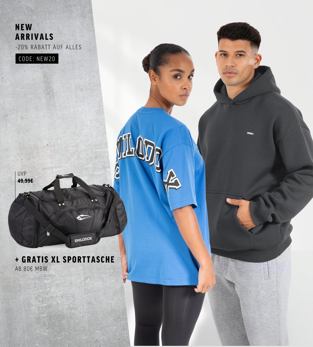 Gratis XXL Sporttasche 👜💪

Damit du in den kalten Monaten die Zeit gut nutzen kannst, um motiviert zum Sport zu gehen, legen wir dir heute zu jeder Bestellung ab 80€ MBW unsere große Sporttasche gratis dazu! 🎁

Außerdem gibts mit dem Code NEW20 noch -20% Rabatt auf alles im