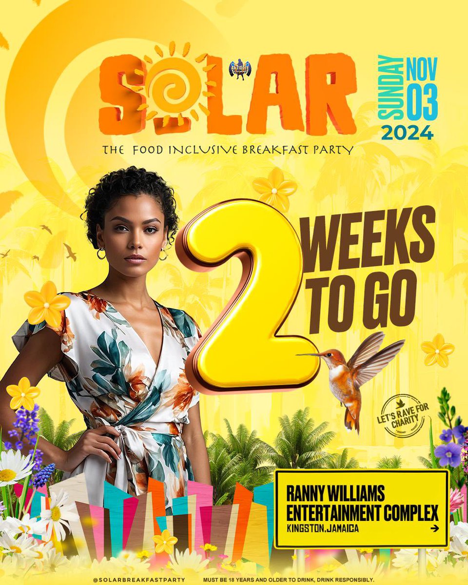 #SolarBreakfastParty (@solarbfparty) on Twitter photo 2 Weeks to S☀️LAR KINGSTON‼️
.
Use code " *SOLARLUXE* " to get 25% Off Tier 1 tickets.
.
On November 3, 2024 get ready to party at Ranny Williams Entertainment Complex!
🧡💛💖
. 
#solarbreakfastparty 2 Weeks to S☀️LAR KINGSTON‼️
.
Use code " *SOLARLUXE* " to get 25% Off Tier 1 tickets.
.
On November 3, 2024 get ready to party at Ranny Williams Entertainment Complex!
🧡💛💖
. 
#solarbreakfastparty