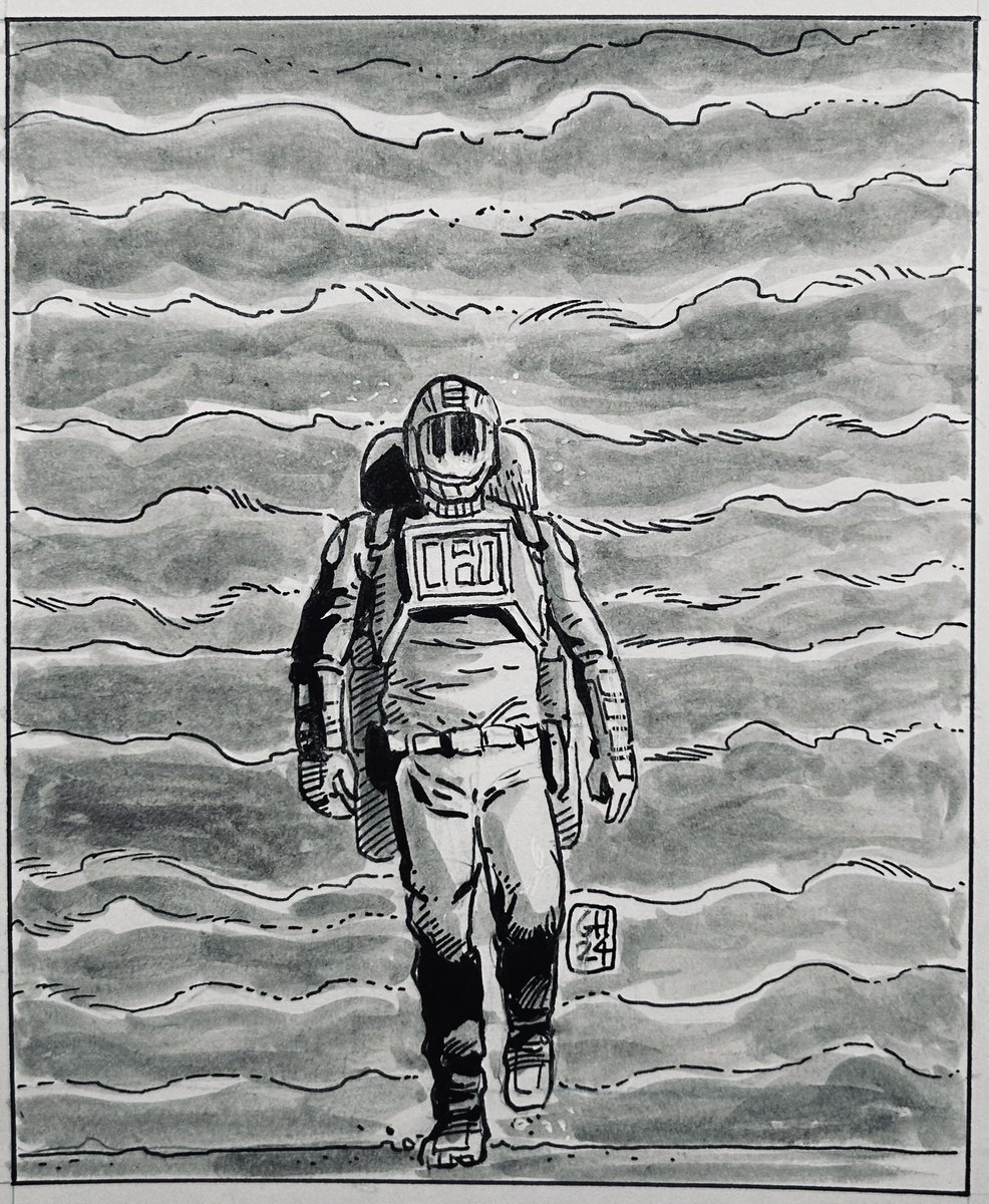 gabrielcomic's tweet photo. “I'm treading through uncharted territory, both in this desolate landscape and within the dark corners of my own mind” #inktober2024 #inktober522024 #inktober2024day20 #inktober2024uncharted #ink #artwork #comicbookart #eleternauta https://t.co/3iF5G0Klqf