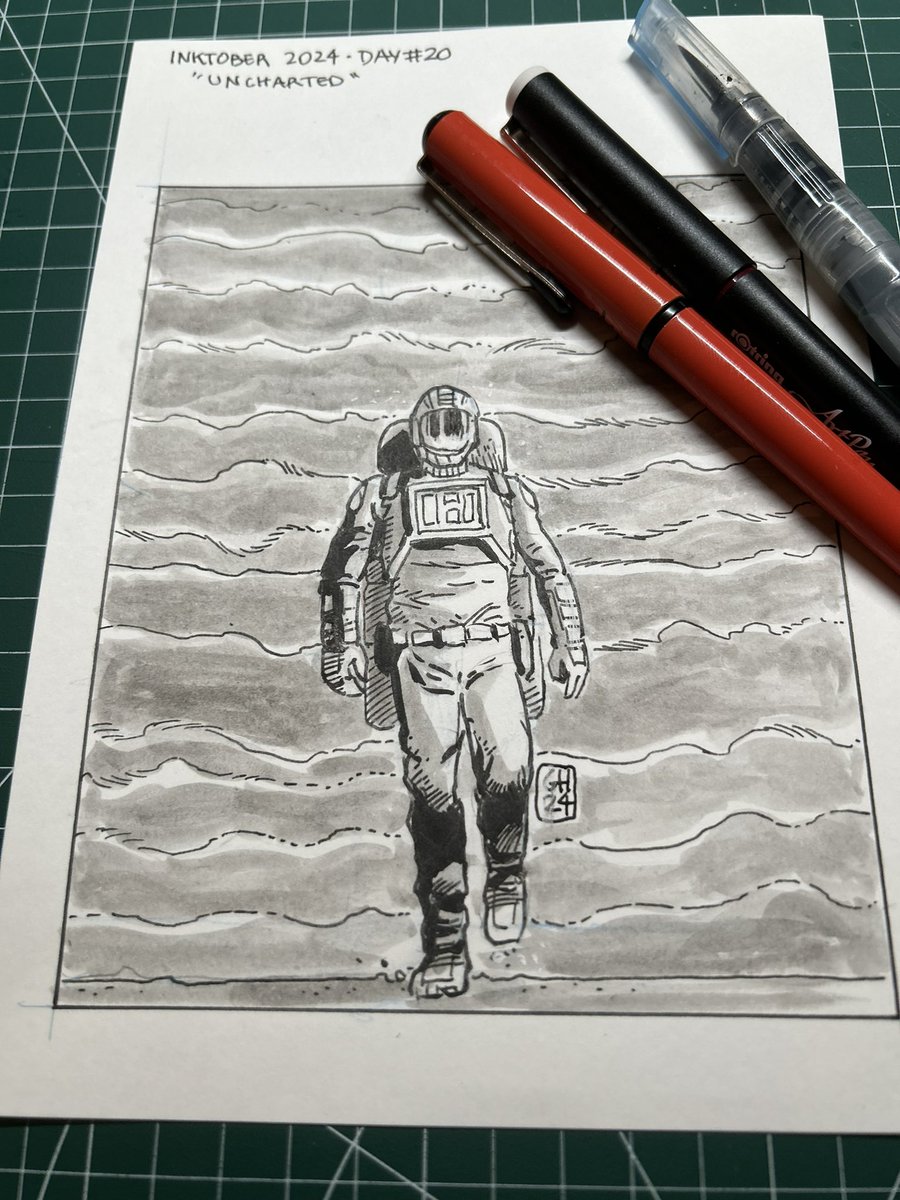 gabrielcomic's tweet photo. “I'm treading through uncharted territory, both in this desolate landscape and within the dark corners of my own mind” #inktober2024 #inktober522024 #inktober2024day20 #inktober2024uncharted #ink #artwork #comicbookart #eleternauta https://t.co/3iF5G0Klqf