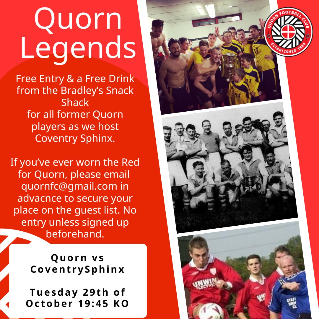 ❗Calling former Quorn players❗

If you've played for the Reds then there's FREE entry &amp; a FREE drink from the Bradley's Snack Shack when we host Coventry Sphinx at The Stotto Stadium on the 29th of October (19:45 KO). Email quornfc@gmail.com to secure your place on the list.