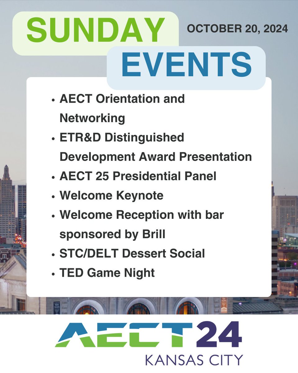 AECT's tweet photo. Day 2 of our International Convention is here! Check out a brief overview of the events on today's lineup. 

Check out our full program: https://t.co/n78dKSFplY

#AECT #AECT24 #KC #KansasCity #EdTech https://t.co/qzt2Pi4HNv