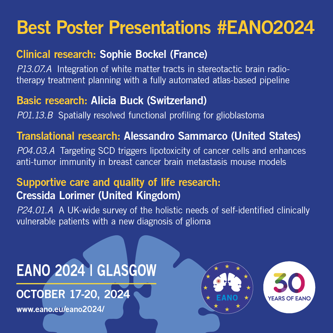 👏Congratulations to our #EANO2024 award winners for Best Poster Presentation: Sophie Bockel (Clinical research), Alicia Buck (Basic research), Alessandro Sammarco (Translational research), Cressida Lorimer (Supportive care &amp; quality of life research)! #NeuroOncology #btsm