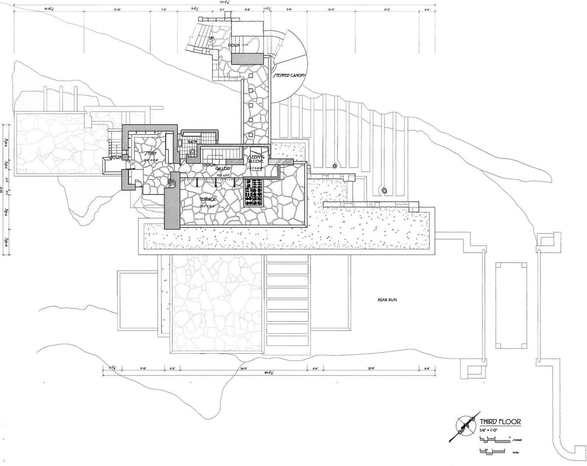 Planos de planta de la Casa de la Cascada, Frank Lloyd Wright, 1936-39.  

Mill Run, Pensilvania, Estados Unidos.