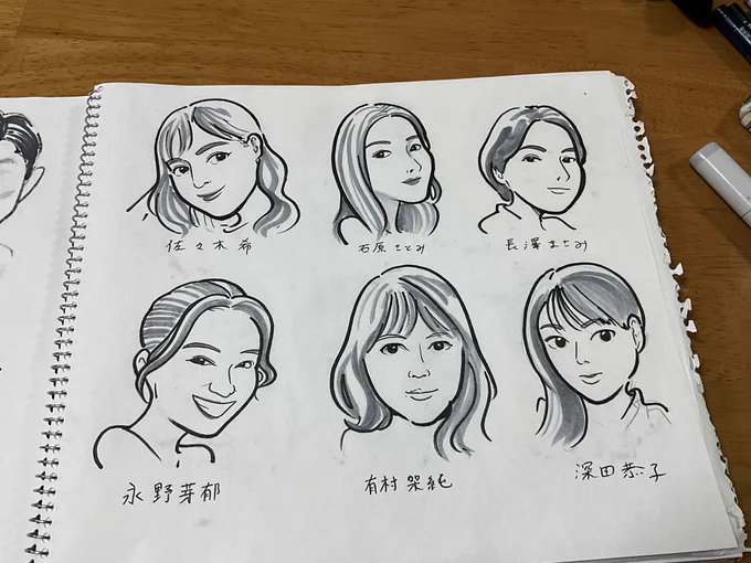 女優さん一本目マジで似なくて暴れたんだけど(←)
「諦めて全員目大き鼻シュッのベタ美人顔にしとけ…」と思って描いたら案外似たやつ(→) 