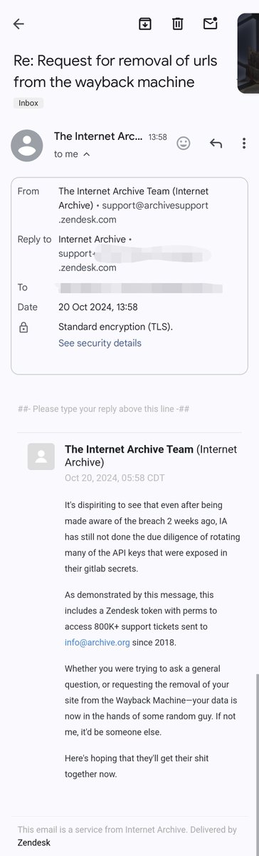 sinniefur's tweet photo. @internetarchive another Internet Archive breach?
This is a "response" to a ticket that was resolved way back in 2021.
#InternetArchive https://t.co/0Gv3QLeBA8