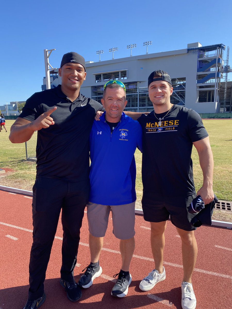 McNeeseTF_XC's tweet photo. Great to see a couple of Cowboys Stop by the office Javelin Record Holder and World Ranked Donavon Banks and 400m speedster Dr Ethan Rapp! #mcneese #alumni #superstars #geauxpokes https://t.co/OhlmtiXH06