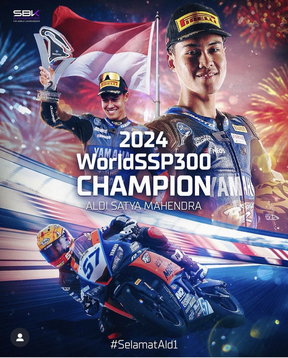 Sejarah juga tercipta untuk Indonesia 🇮🇩 di dunia motorsport. Aldi Satya Mahendra meraih juara dunia World Supersport 300 tahun 2024 <a href="/WorldSBK/">WorldSBK</a> 

Kado tambahan disaat pelantikan Presiden RI ke-8 <a href="/prabowo/">Prabowo Subianto</a> hari ini, 20 Oktober 2024.