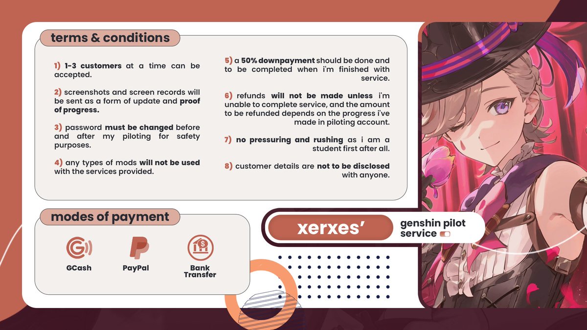 m_ttehw's tweet photo. 🎶 let me introduce you mx xerxes' genshin pilot service 🎶

mga bakla anong bet niyong service? quests, farming, exploration? avail natin 'yan, xer na yan! 

#genshinpilotservice #genshin #genshinimpact #genshintwt #commission https://t.co/gK1uwtMsOb
