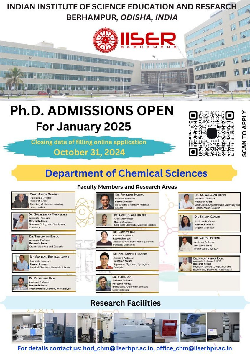 Exciting opportunity!
Applications for the PhD program for the January session are currently being accepted. The deadline is just around the corner. Apply fast!
#IISERBerhampur #Chemistry #PhD