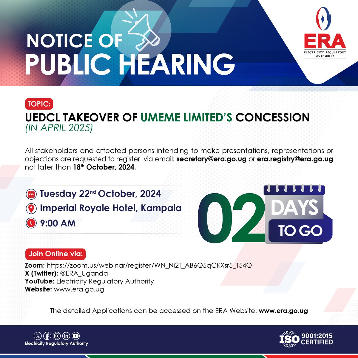 ERA_Uganda's tweet photo. #StatutoryNotice
@GovUganda @OPMUganda @GCICUganda @MEMD_Uganda @NankabirwaRS @HonOkaasai @PNyamutoro @irenebateebe @UMAChairman @newsUMA @UMAED1 @AfiegoUg @CSBAGUGANDA @kacita_uganda @Ugandahotel @UNCCI_UG @USSIAssociation @DailyMonitor @newvisionwire @CapitalFMUganda @bbstvug @933kfm @ChimpReports @UGIndependent @observerug @cbsfm_ug @BeatFMUganda
