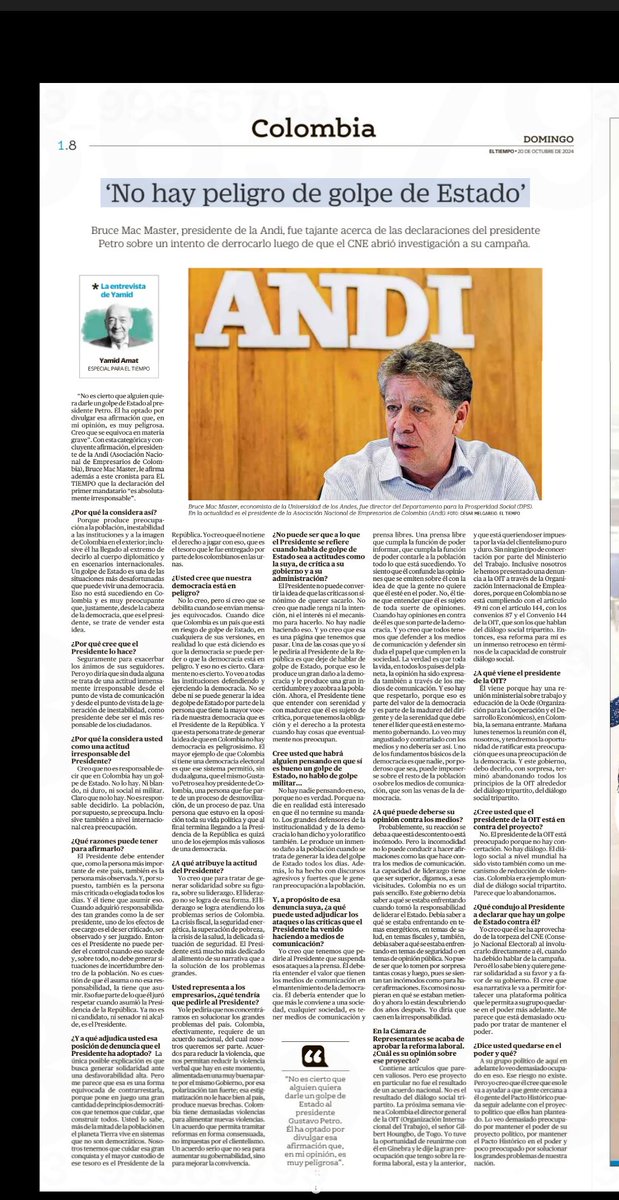 BruceMacMaster's tweet photo. En Colombia no hay un Golpe de Estado. Esto lo sabemos todos. Por muy angustiado que esté el Presidente no es responsable, ni correcto continuar con esa narrativa
Le hace daño al país, le hace daño a la democracia y no refleja la realidad de un país  donde un gran grupo de la población se la ha jugado a fondo para tratar de desterrar las violencias e imponer la institucionalidad como única forma de operar en la sociedad

Abandonar esa narrativa debería ser el primer punto del #AcuerdoNacional