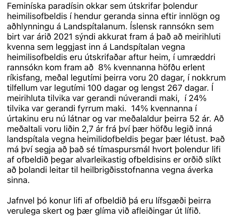 Bara hamra á þessum punktum úr ræðunni minni þann 9.október sl. 
Ofbeldi í nánum samböndum tekur líf þó ofbeldið endi ekki með beinu morði.