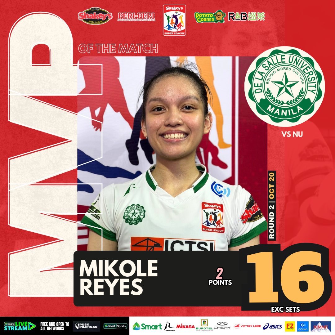 Rookie playmaker Mikole Reyes was named MVP of the match after expertly orchestrating the DLSU Lady Spikers’ offense in their four-set victory over the NU Lady Bulldogs in the 2024 Shakey’s Super League Pre-season Championship.

#SSL2024 #ShakeysSuperLeague #AllToPlay