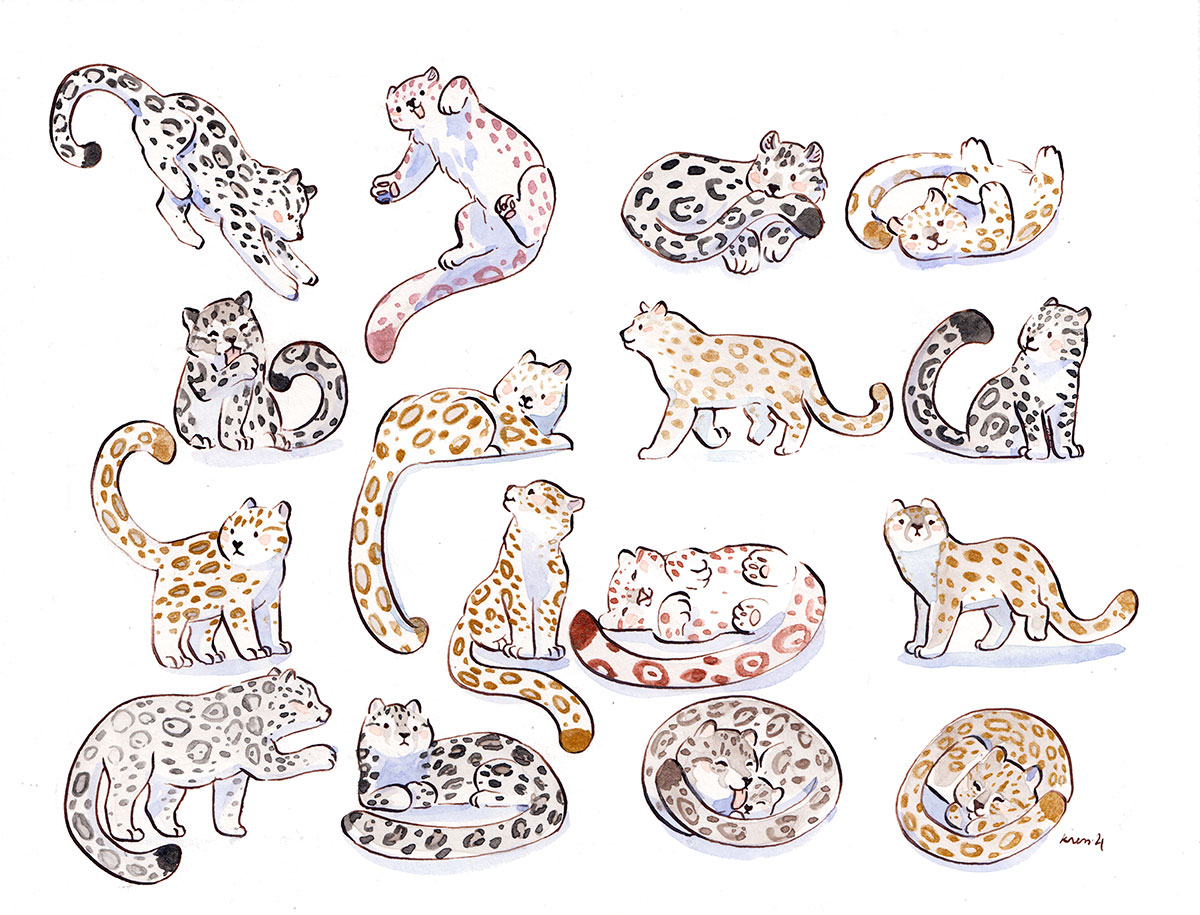 17 snow leopards, a watercolor.