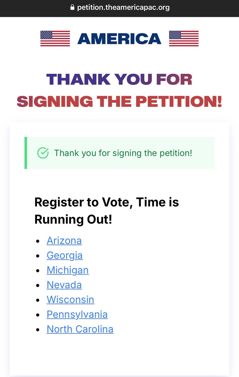 Jake64035920's tweet photo. @elonmusk 
Though I am not in a “qualifying” state for the $1mm….I signed the @america  PAC petition bc I support the Constitution and our inalienable rights! 

#darkMAGA https://t.co/D1QON60SW4