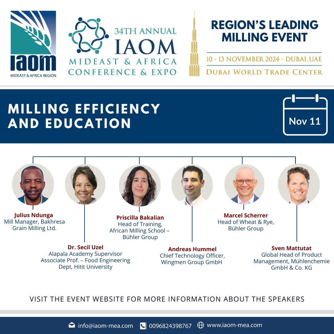 Introducing our esteemed speakers for the Milling Efficiency and Education session at the IAOM MEA Conference &amp; Expo 2024!

Join us for insightful discussions on optimizing milling processes and advancing industry knowledge.

REGISTER NOW - iaom-mea.com/IAOM-DUBAI-202…