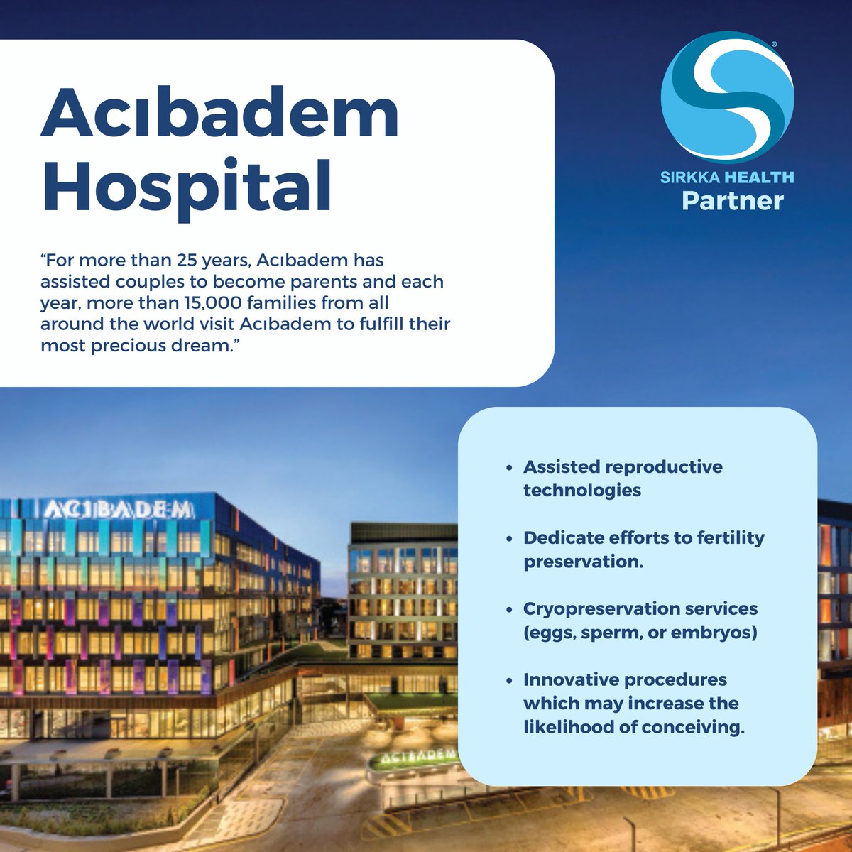 Since 1998, Sirkka partner Acıbadem Hospital has provided expert care in assisted reproductive techniques, helping people achieve their dream of parenthood. For more information, visit: sirkkahealth.com/international-…
#IVF #HealthcarePartnership #sirkkahealth #digitalmarketplace