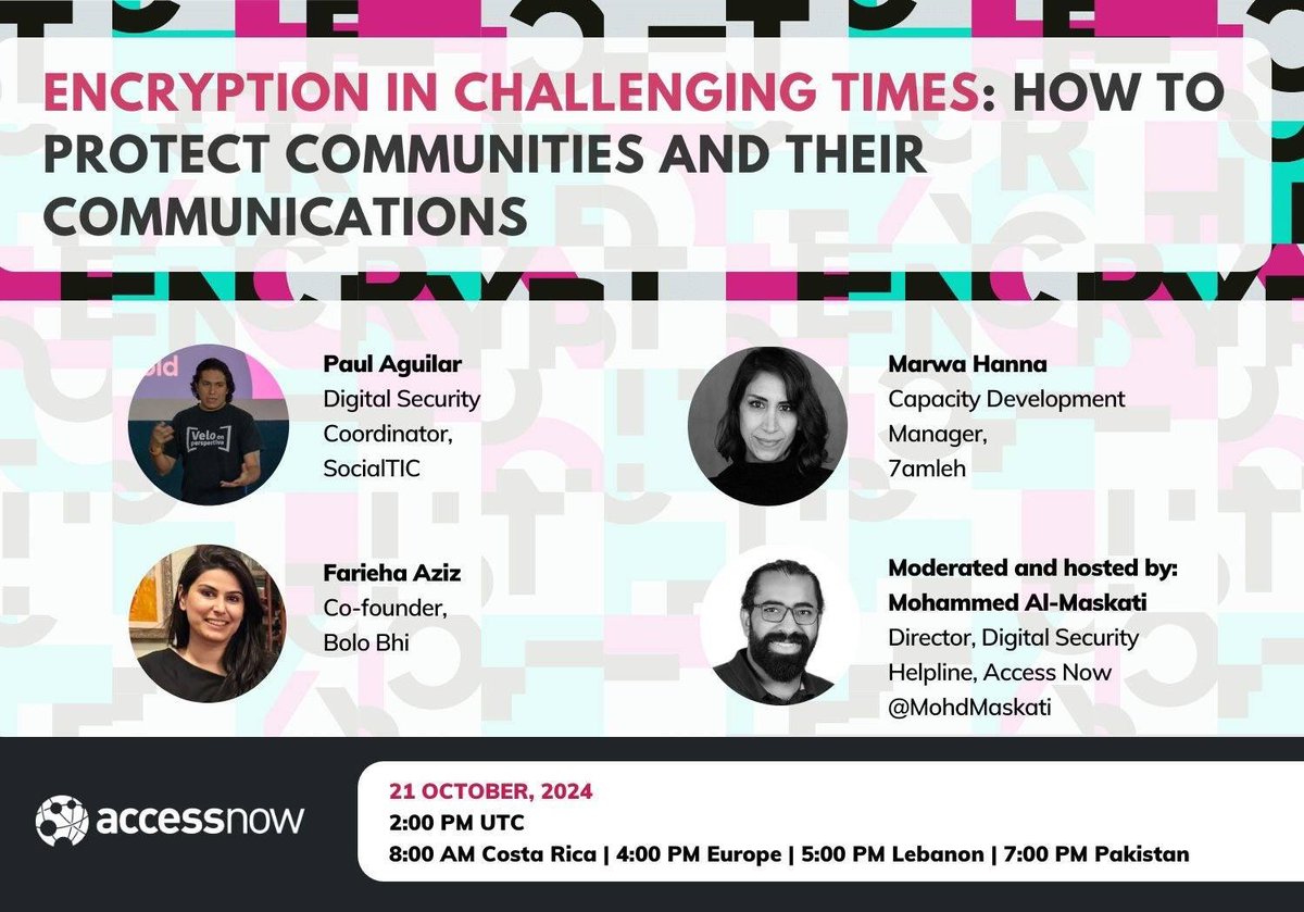📆 Happening on October 21st (Encryption Day)

📣 Join Marwa Hanna, Head of the Capacity Building Department at 7amleh along with other experts to discuss encryption and its importance in protecting our human rights.

📌 Set your reminder now: lnkd.in/dVn5wY3G