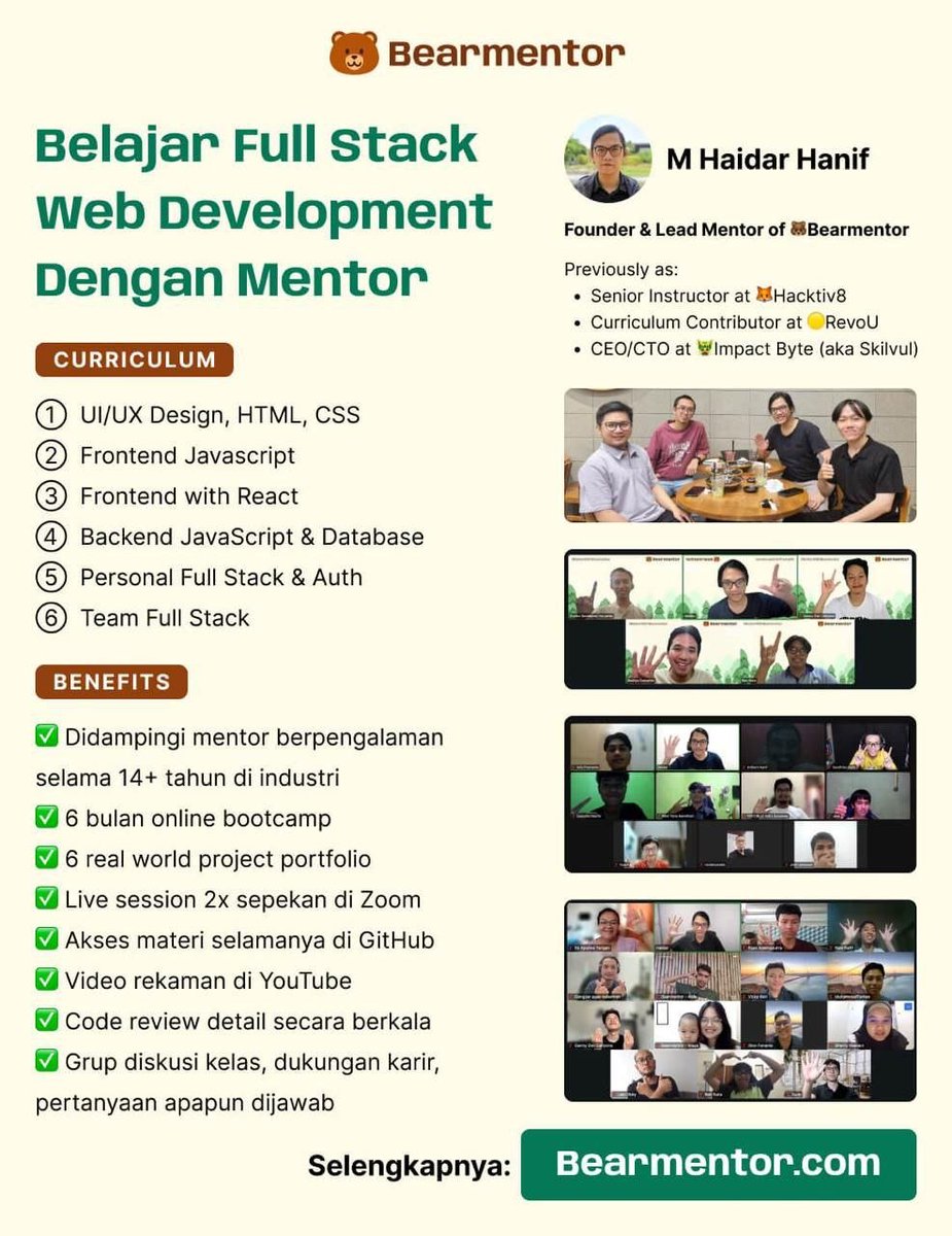 F2aldi's tweet photo. Batch 7 Bearmentor akan segera di Mulai. Bootcamp berfokus utk belajar menjadi Full Stack Engineer dg menggunakan Javascript sebagai Bahasa utamanya untuk hands on.
Programnya sekitar 6 bulanan dengan materi di gambar.

kalau tertarik, bisa daftar aja ya/tanya2 dahulu juga boleh. https://t.co/UtlLhRSspI