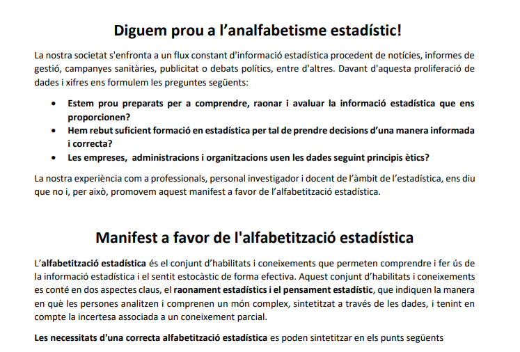 Bon moment per compartir el "Manifest per l'alfabetització estadística"
Aquí el manifest, via <a href="/socestadistica/">socestadistica</a>: soce.iec.cat/wp-content/upl… 
Aquí la versió en castellà, difosa per la <a href="/SEIO_ES/">SEIO</a>: seio.es/manifiesto-alf… 
Aquí la notícia publicada per <a href="/uvic_ucc/">UVic-UCC</a>:  apunt.uvic.cat/selabora-el-pr…