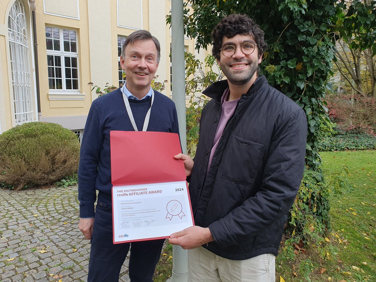 CESifoNetwork's tweet photo. 🏆 Congratulations to @CharlieRafkin from @UCBerkeley, winner of the #CESifo Affiliate Award 2024 in Behavioral Economics! 🎉 His paper ‘Eviction as Bargaining Failure: Hostility and Misperceptions in the Rental Housing Market’ stood out for its impactful insights. 👏 https://t.co/3o6i2pxy6O