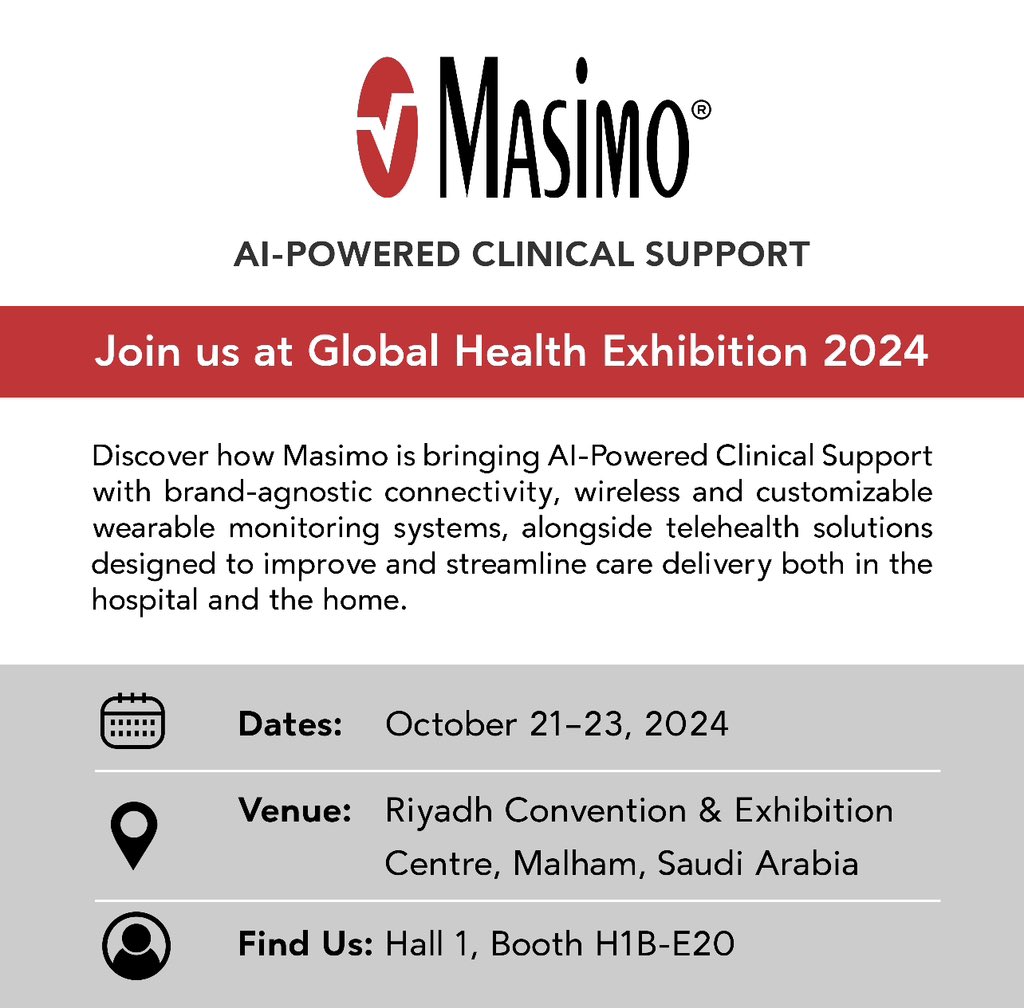 MasimoSaudi's tweet photo. Come see us at Global Health 2025. We’re excited to share how Masimo is dedicated to helping you improve patient safety and advance the forefront of care. #GHE24 https://t.co/vQzGhGThCC