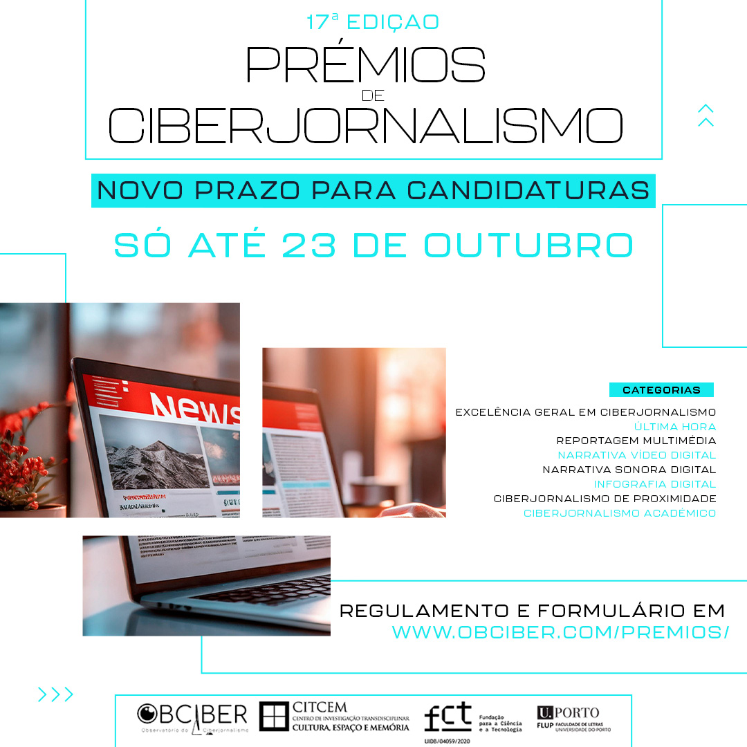 obciber's tweet photo. Agora já não há desculpas. O prazo para o envio de candidaturas para a 17ª Edição dos Prémios de Ciberjornalismo foi prorrogado. São mais três dias para que ninguém fique de fora. Todas a informação, regulamento e formulário em: https://t.co/LGcRTd4U7L https://t.co/2HSiGwI2B4