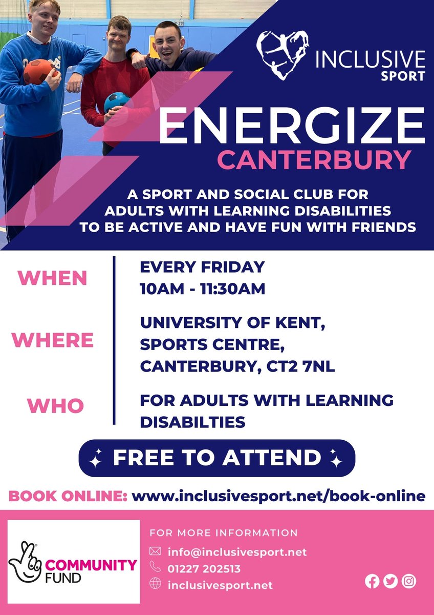 Looking for a fun, active, and inclusive space?   It's free to attend and a fantastic way to get active, have fun, and make new friends.

#InclusiveSport #CanterburyActivities #DisabilitySport #ActiveLife #EnergizeSessions #SocialClub #CanterburyCommunity