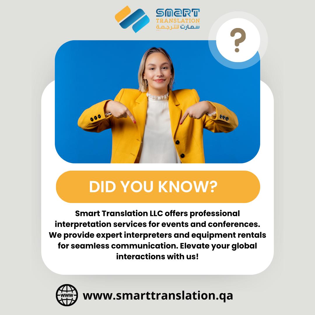 SmartTrans_Qa's tweet image. 🌟 Smart Translation LLC offers professional interpretation services for events and conferences, covering legal, medical, and technical settings. We provide expert interpreters and equipment rentals for seamless communication. Elevate your global interactions with us! 🌍