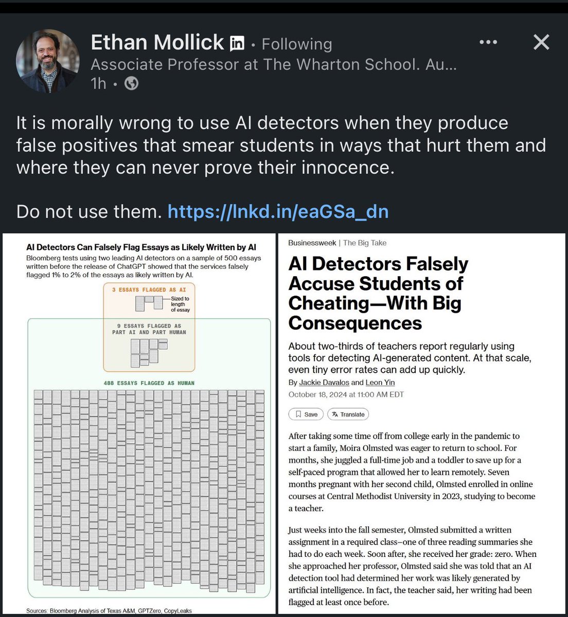 Türkiye’deki öğrencilerden “AI dedektörlerinden dolayı tezimi/makalemi bitiremiyorum” mesajları alıyorum. Dünya bu araçların uyduruk olduğunu öğreneli çok oldu. Farklı yöntemler geliştiriyorlar etik düzen sağlamak ve denge kurmak için. Daha dün bir üniversitede hiç AI kullanmayan