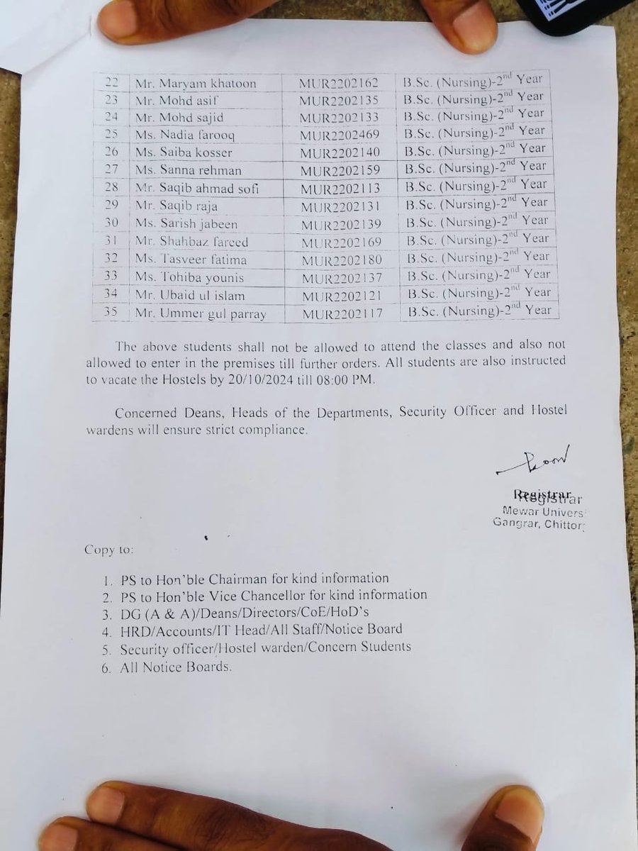 NasirKhuehami's tweet photo. HCM @OmarAbdullah Saheb; 35 Kashmiri students at Mewar University, Chittorgarh, Rajasthan, have been suspended amid their 3-day protest, day &amp; night, against the university’s failure to secure approvals from the Rajasthan Nursing Council (RNC) &amp; Indian Nursing Council (INC). 1/n https://t.co/1EpwjzeDgj