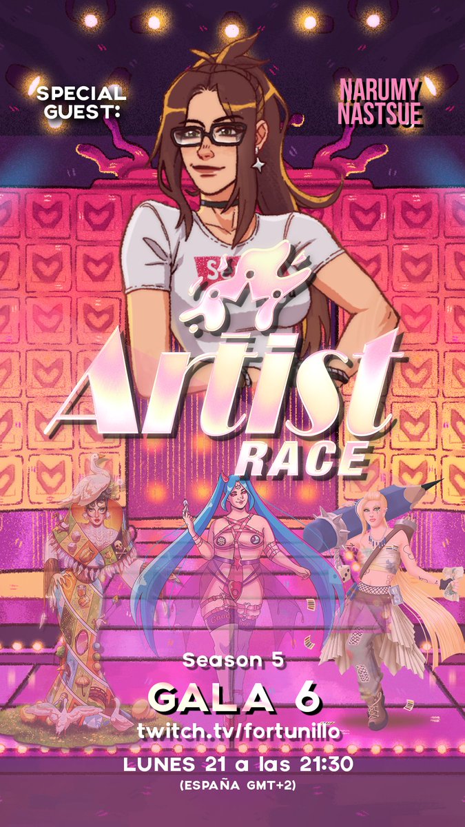 ArtistRace's tweet photo. 🚨 ARTIST RACE: Season 5 | GALA 6🚨

 ¡¡ Llegamos al ecuador del concurso !! 

@NarumyNatsue  no podía perderse esta temporada! Una gala cargada de emociones ✨

.Junto a @Weladora @Senseidani y @Fortunillo 🔥

Este Lunes 21 a las 21:30  Solo en https://t.co/1bBXUBIBty https://t.co/CbkDTjf3uT