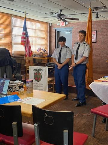 JrferreScorpion's tweet photo. Clint HS JROTC top leadership presents themselves and speaks about our program to the officers and representatives of the MOWW military organization. #weareclintisd #ClintHSLions https://t.co/yH49P521gm