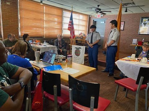 JrferreScorpion's tweet photo. Clint HS JROTC top leadership presents themselves and speaks about our program to the officers and representatives of the MOWW military organization. #weareclintisd #ClintHSLions https://t.co/yH49P521gm