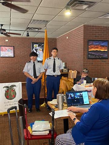 JrferreScorpion's tweet photo. Clint HS JROTC top leadership presents themselves and speaks about our program to the officers and representatives of the MOWW military organization. #weareclintisd #ClintHSLions https://t.co/yH49P521gm