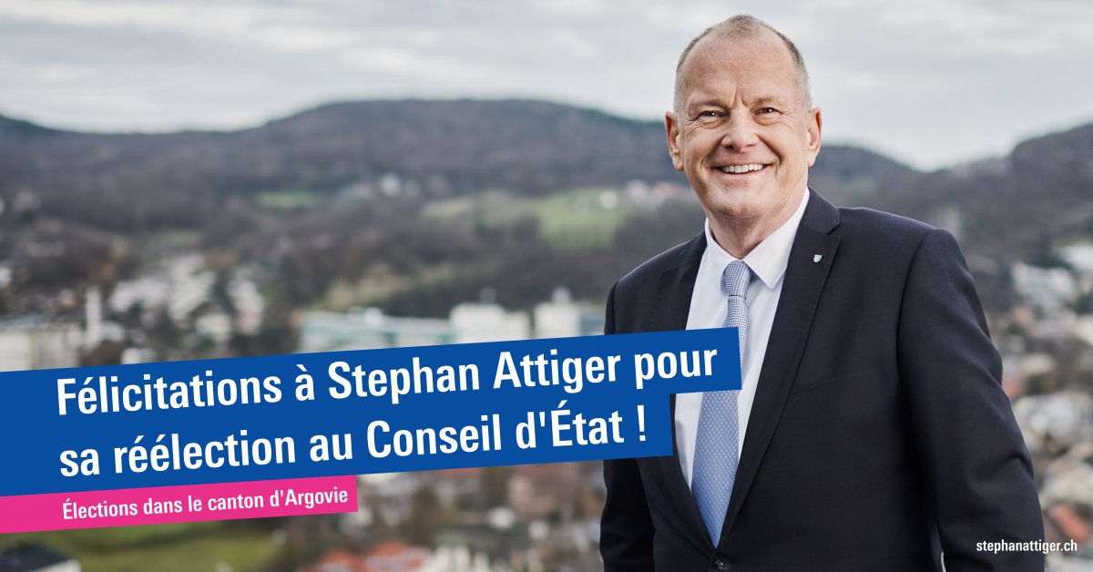 PLR_Suisse's tweet photo. Toutes nos félicitations 👏🏼 à Stephan Attiger pour sa réélection au Conseil d'État du canton d’Argovie ! 💐 #teamPLR #AG24 https://t.co/pJZiVHy4W6