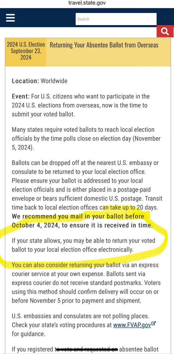 GetOutspokenUSA's tweet photo. 🚨ELECTION INTEGRITY ALERT 🚨

Why is the Harris-Biden State Dept telling “overseas” voters they can vote “electronically” ???

What does that mean exactly?

And how are “overseas” voters being verified as lawful voters? 

Remember, this is separate from the military. This is referring to American civilians living overseas.  But there’s a million red flags with this process. 

Answers. Now.