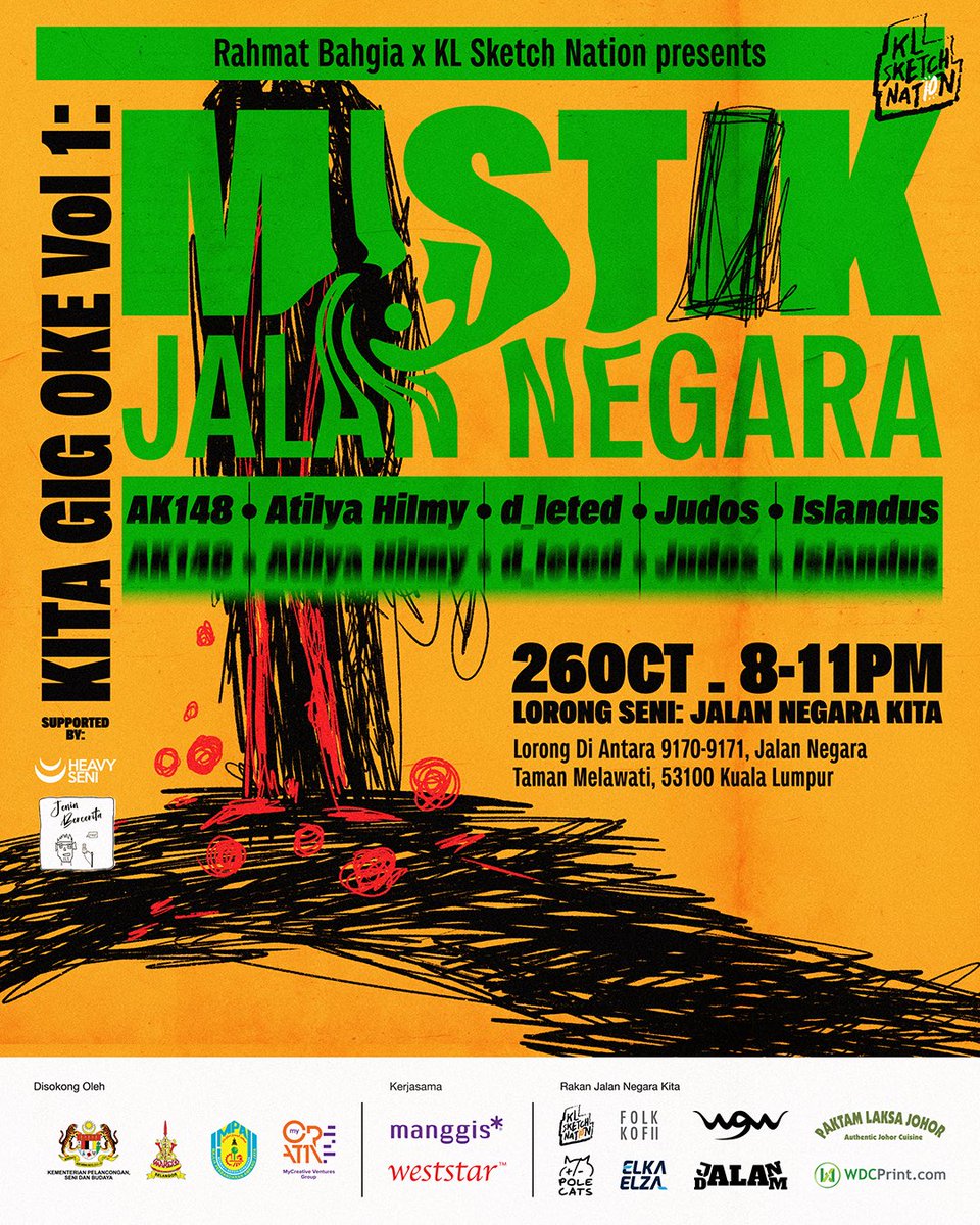 KL Sketch Nation &amp; Rahmat Bahgia present Kita Gig Oke Vol. 1: Mistik Jalan Negara!

The theme of the night will be Mistik Jalan Negara so come with your best malay horror-themed uniform. 

It's going to be a family-friendly venue and FREE admission for everyone!