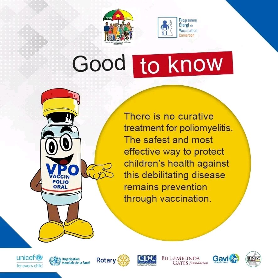 randolphwefuan1's tweet photo. There is no cure for polio. It can only be prevented by #vaccination. The oral polio vaccine (OPV) is safe and effective. Given repeatedly, it provides lifelong protection
A vaccination campaign against #polio is planned from October 24 to 27, 2024 in the 10 regions of Cameroon. https://t.co/2y51KazRgk
