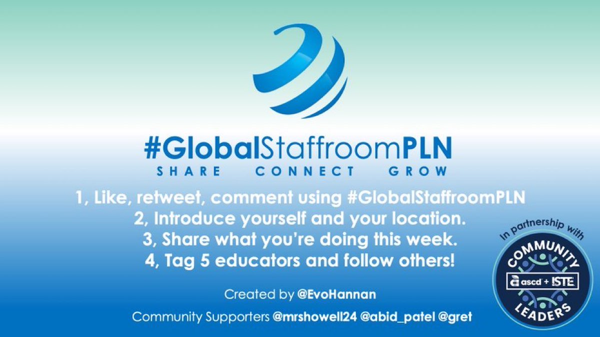 EvoHannan's tweet image. Happy Sunday! Join us today as we share, connect &amp;amp; grow our PLN.

✅ Introduce yourself and what you&apos;re doing this week 🎙️
✅ Like, RT, comment with #GlobalStaffroomPLN🌍
✅ Tag 5 educators, connect, follow 👍
✅ Have fun! 🥳

@ISTEcommunity