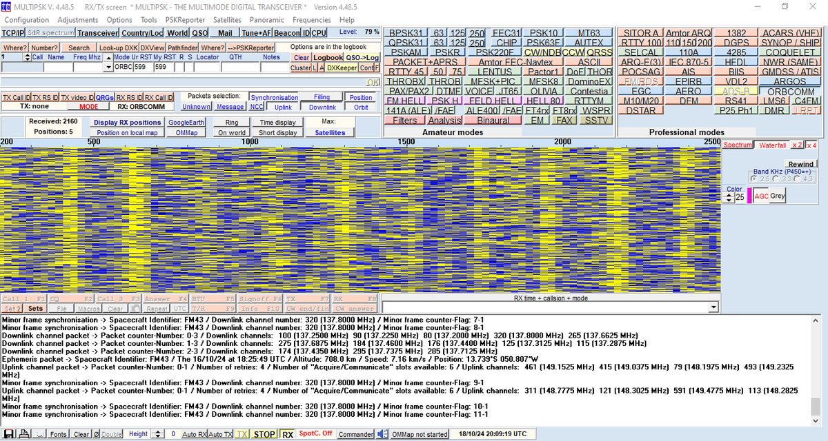 PU4ELT's tweet photo. 2024-10-16 18:25UTC
I decoded some data from the #Orbcomm FM113 satellite (I used an IQ file recorded on the day of the pass to decode the data)
Reception in GH70qd using a #Yagi 3el for VHF (Adjusted for HAM band), a RTL-SDR V3 and #MULTIPSK
73's de PU4ELT 🇧🇷 !! https://t.co/cA1nqP9DsJ