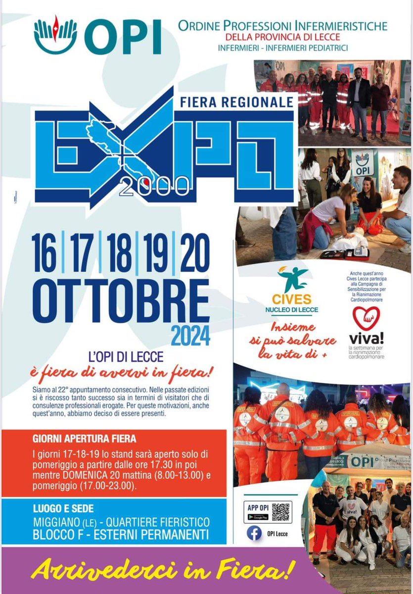 FNInfermieri's tweet photo. Anche questo ottobre, per il 22esimo anno consecutivo, @OPI Lecce e Nucleo @cives_odv Lecce presenti alla Fiera Regionale #Expo2000 di Miggiano con uno stand per la promozione dell’immagine professionale e un punto di primo intervento infermieristico. https://t.co/VZC1OSNMk1