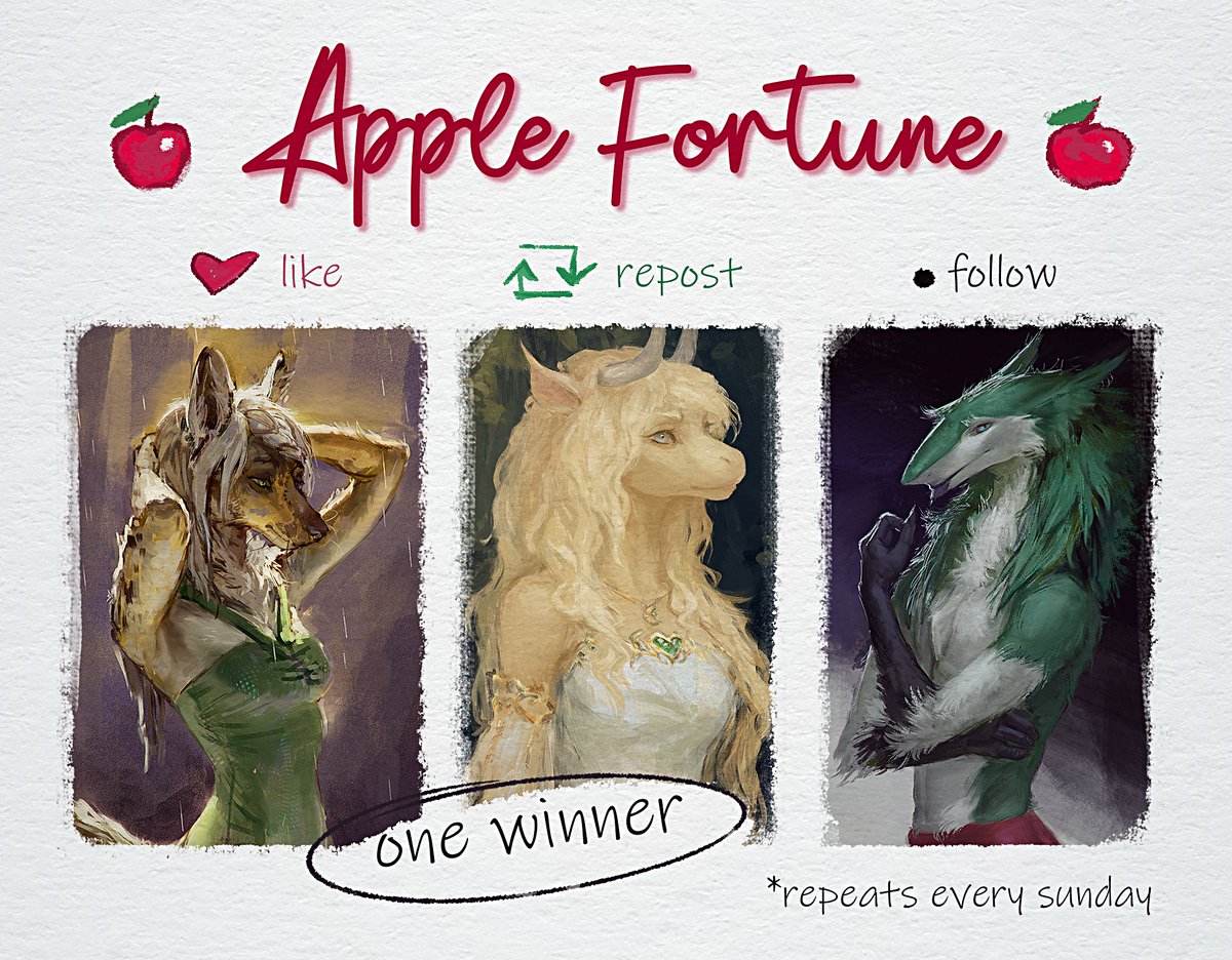 🍎"Apple Fortune"  art raffle 🍎

 I'll draw a half body portrait for 1 random winner.
After this week, I will do break.

✨To enter:  
🍏LIKE, REPOST and FOLLOW me.
🍏Comment with your OC ref (I'll check it) 
🎯ENDS 26 October   

🧙‍♀️Good luck &amp; thanks for support 💜