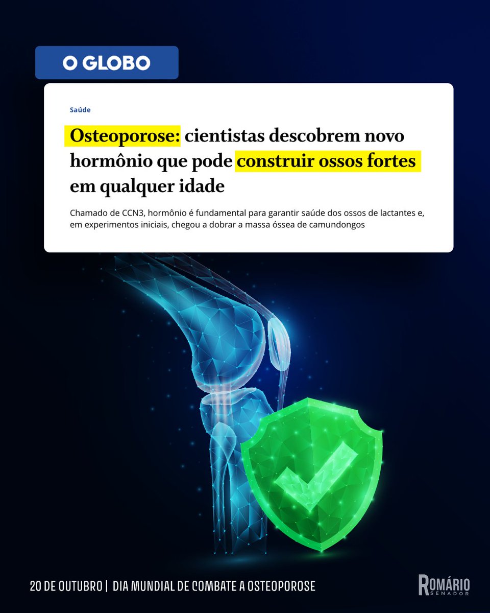 Hoje é o Dia Mundial de Combate à Osteoporose. Segundo o Ministério da Saúde, cerca de 10 milhões de brasileiros convivem com ela, e 80% não sabem que possuem a doença. Estima-se 200 mil mortes anuais, especialmente devido a fraturas.

A nova aposta da medicina é indicado para os