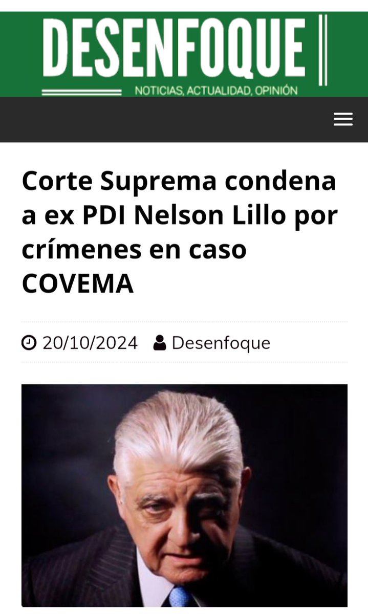 DesenfoqueCL's tweet photo. La Corte Suprema condenó al ex subprefecto de la Policía de Investigaciones, Nelson Lillo Merodio, a 15 años de presidio efectivo por el crimen del estudiante de periodismo Eduardo Jara Aravena, y el secuestro de su compañera de la Universidad Católica, Cecilia Alzamora Véjares, hechos acaecidos a contar del 23 de julio de 1980 en la comuna de Providencia.
https://t.co/PQiPlJeb7T
