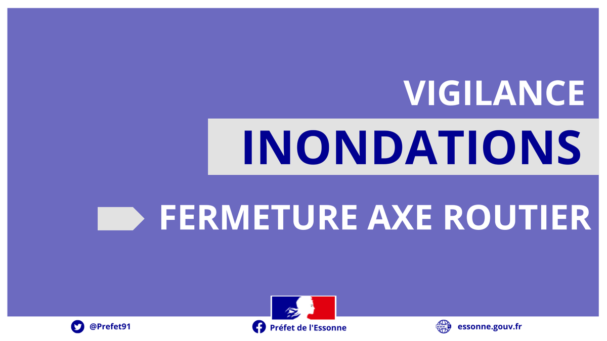 🚗 Axes actuellement fermés pour cause d'inondation : 

➡️ RD 82 : Breuillet
➡️ Route de Brétigny :  Leuville-sur-Orge
➡️ RD 35 : Villiers-sur-Orge

⚠️ Pour votre sécurité, respectez les barrages en place et ne vous engagez pas sur des routes immergées 

<a href="/CDEssonne/">Département de l'Essonne</a>