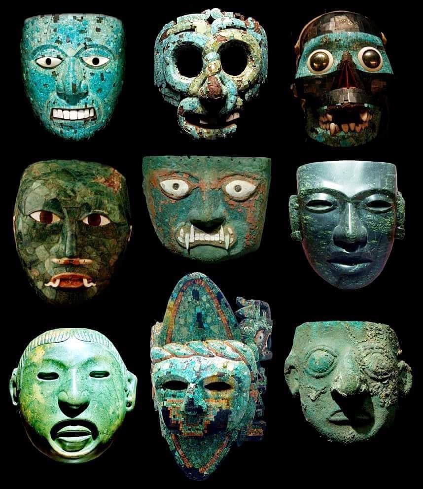 Mosaic jade masks from the pre-Columbian era, specifically associated with the Maya civilization in Mesoamerica.