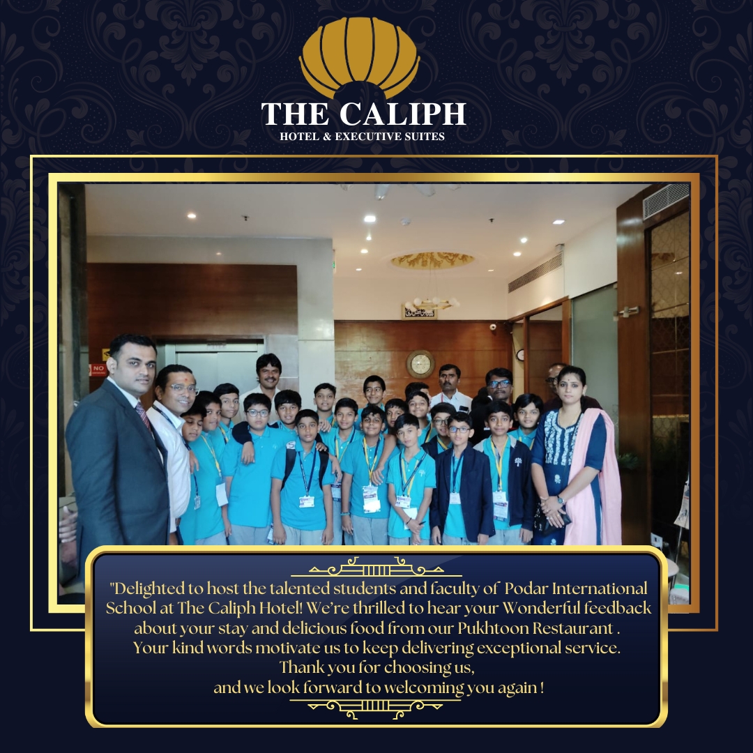 thecaliphhotel's tweet photo. "Delighted to host the talented students and faculty of Podar International School at The Caliph Hotel! We're thrilled to hear your Wonderful feedback Your kind words motivate us to keep delivering exceptional service. Thank you for choosing us. https://t.co/HSKoha4hB6